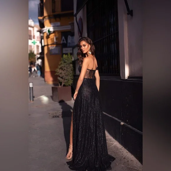 NWT ALAMOUR THE LABEL Ayelet Black Strapless Sweetheart Lace Formal Dress Medium - Picture 5 of 12